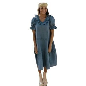 Roolee Women's Stone Blue Linen/Cotton Ruffle Dress